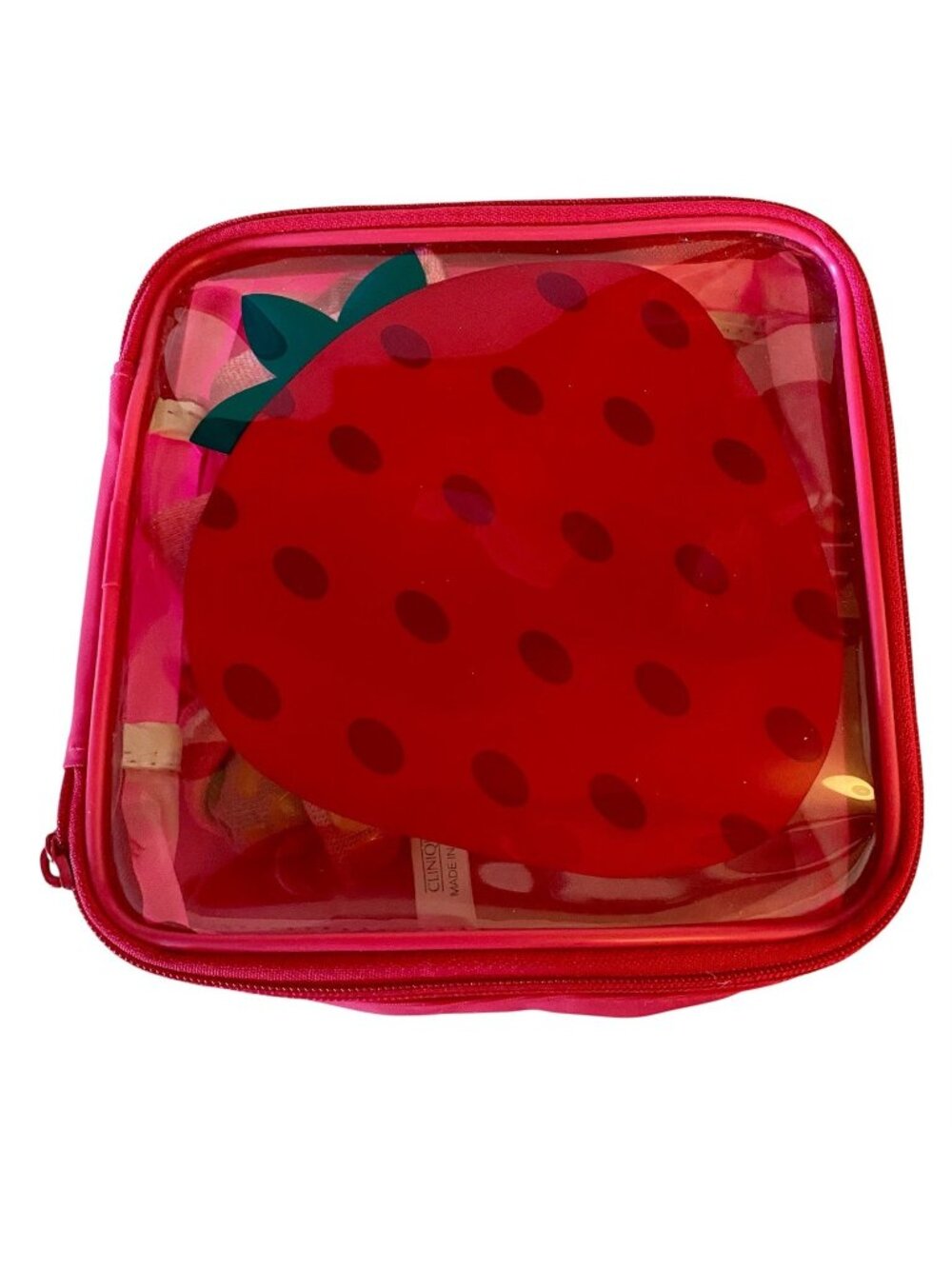 Clinique Strawberry Clear Cosmetic Makeup Travel Bag Zipper 6” x 6” x 2”